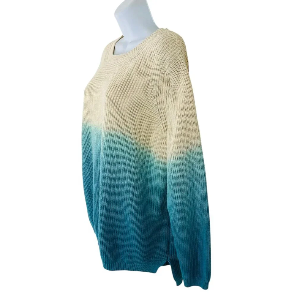 525 America Women's Size L Ombre Shaker Knit Cotton Cream Blue Sweater